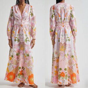 CAMILLA Linen V-Neck Empire Waist Long Sleeves Floral Maxi Dress - Clover Clogs